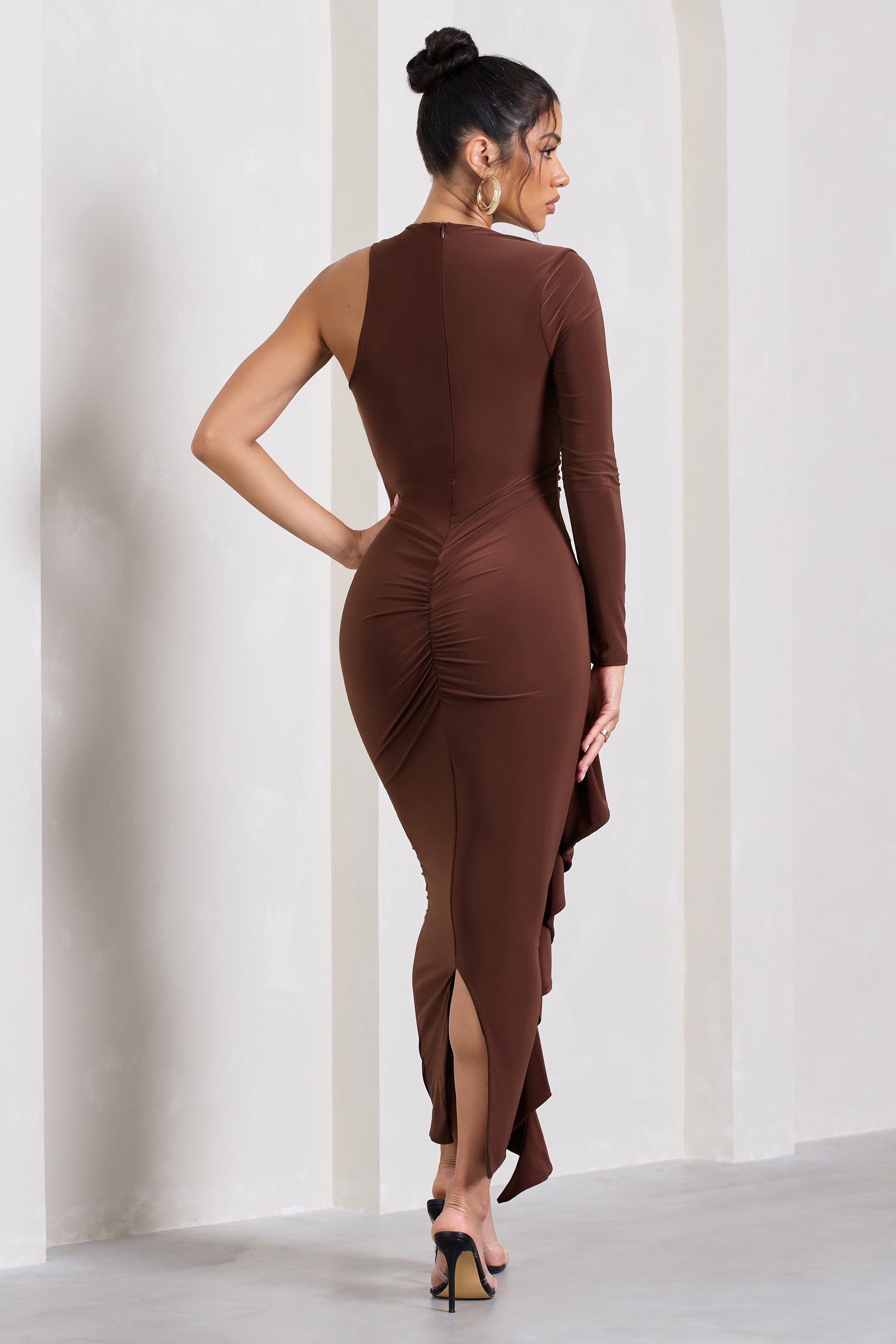 Compass Brown One-Sleeved Cut-Out Maxi Dress With Ruffle