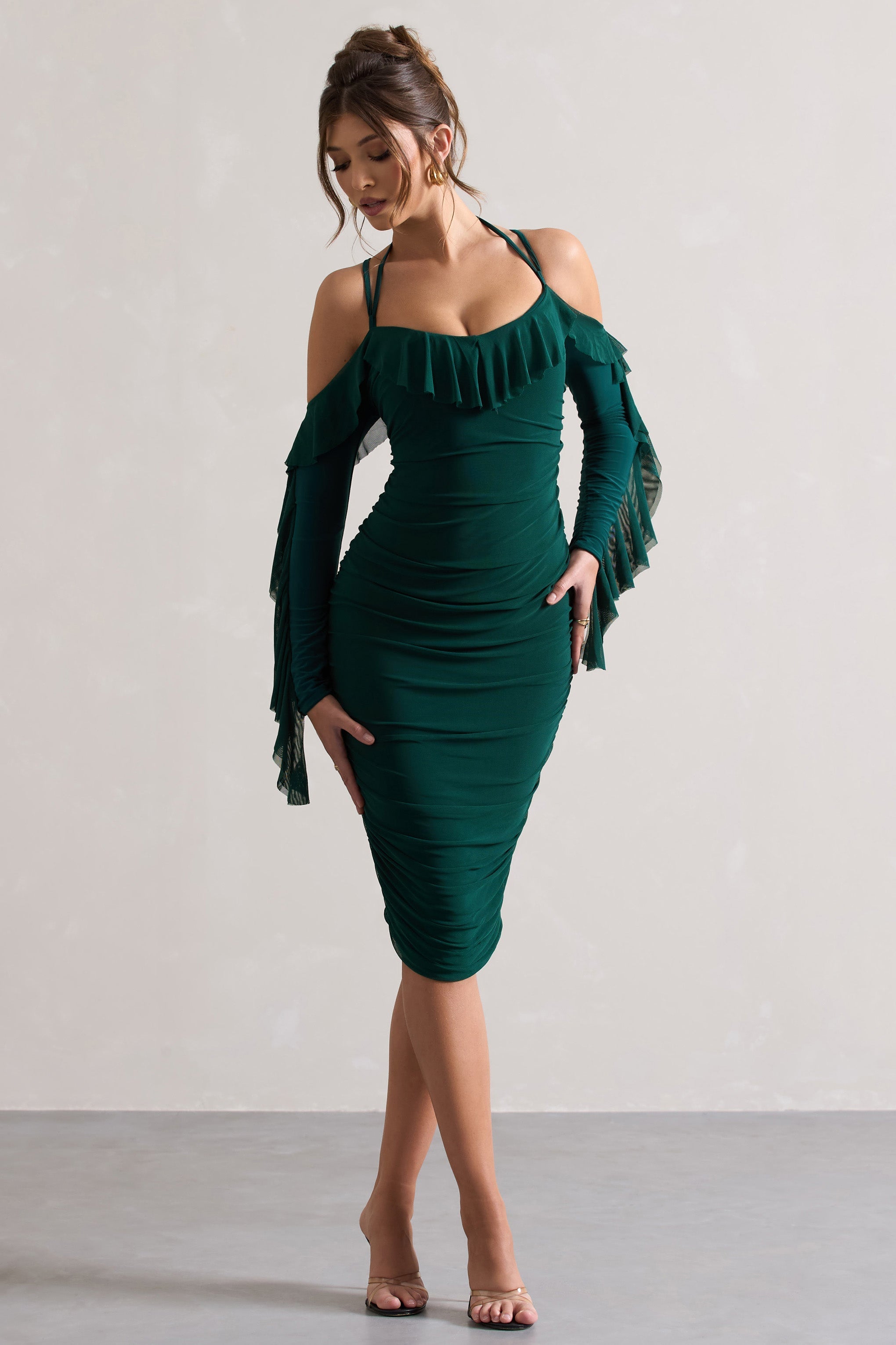 Quinn Bottle Green Ruched Strappy Long-Sleeved Midi Dress With Ruffles