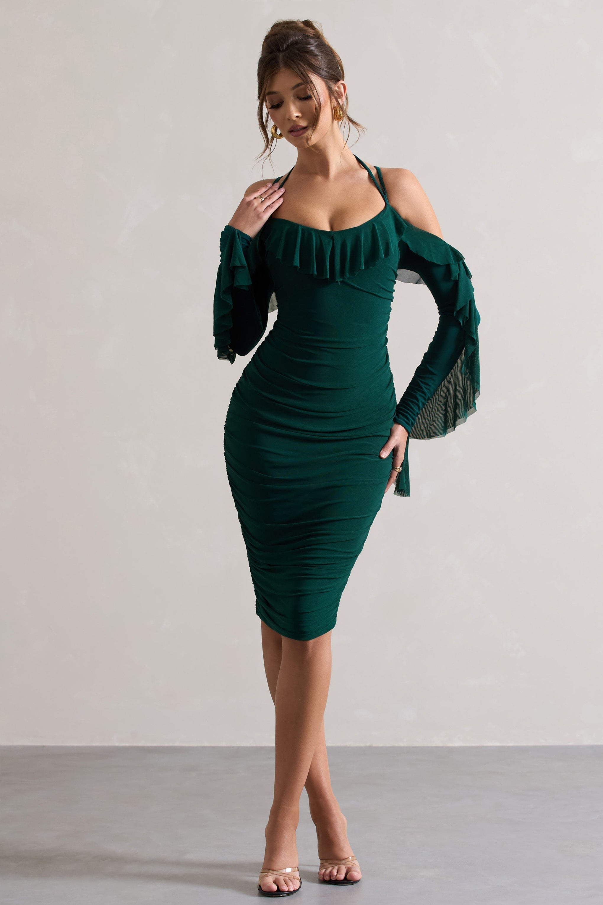 Quinn Bottle Green Ruched Strappy Long-Sleeved Midi Dress With Ruffles