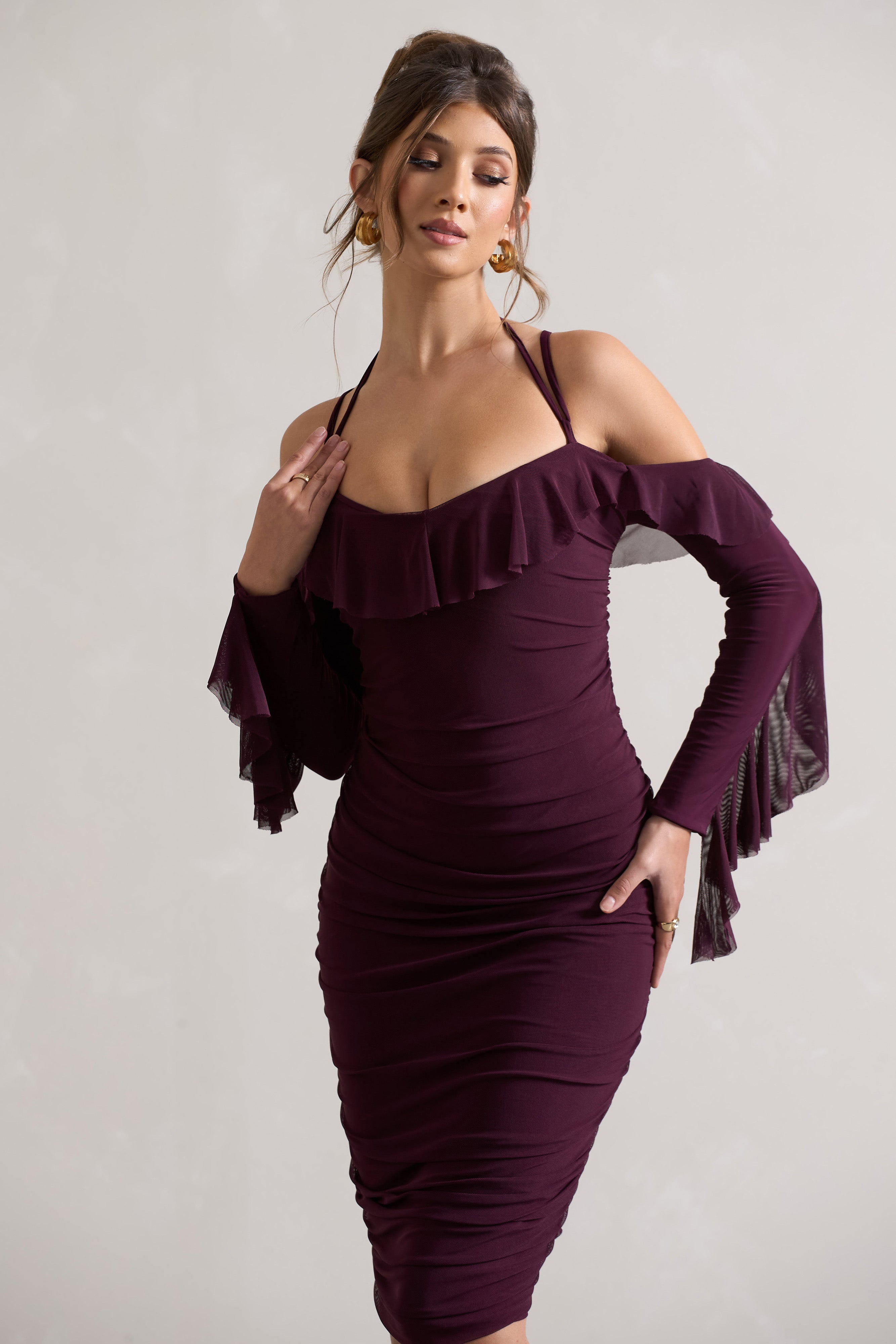 Quinn Dark Cherry Ruched Strappy Long-Sleeved Midi Dress With Ruffles