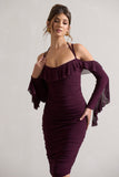 Quinn Dark Cherry Ruched Strappy Long-Sleeved Midi Dress With Ruffles