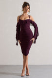 Quinn Dark Cherry Ruched Strappy Long-Sleeved Midi Dress With Ruffles