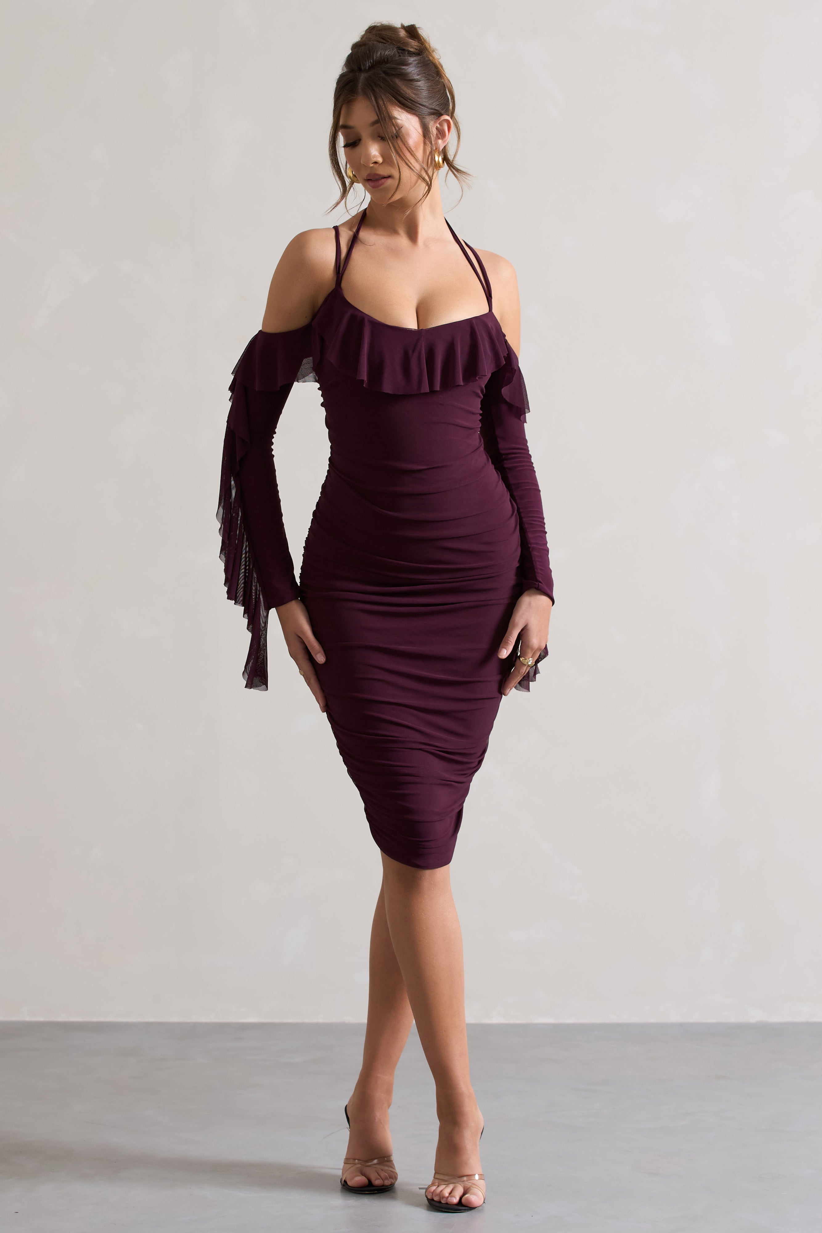 Quinn Dark Cherry Ruched Strappy Long-Sleeved Midi Dress With Ruffles