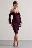 Quinn Dark Cherry Ruched Strappy Long-Sleeved Midi Dress With Ruffles