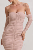 Indy Champagne Ruched Strapless Long-Sleeve Midi Dress