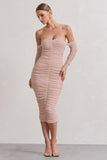 Indy Champagne Ruched Strapless Long-Sleeve Midi Dress