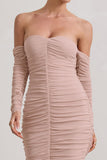 Indy Champagne Ruched Strapless Long-Sleeve Midi Dress