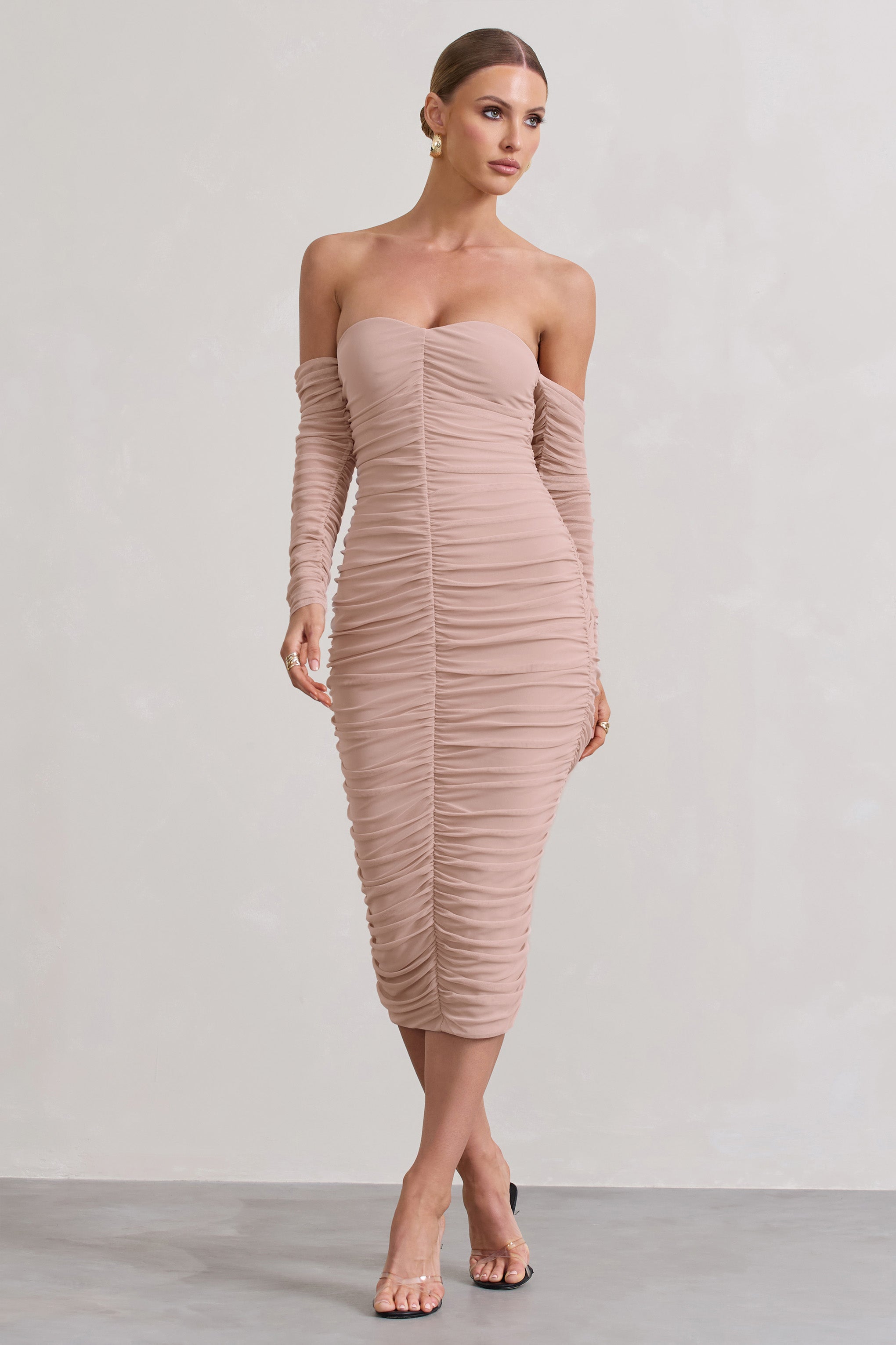Indy Champagne Ruched Strapless Long-Sleeve Midi Dress
