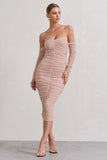 Indy Champagne Ruched Strapless Long-Sleeve Midi Dress