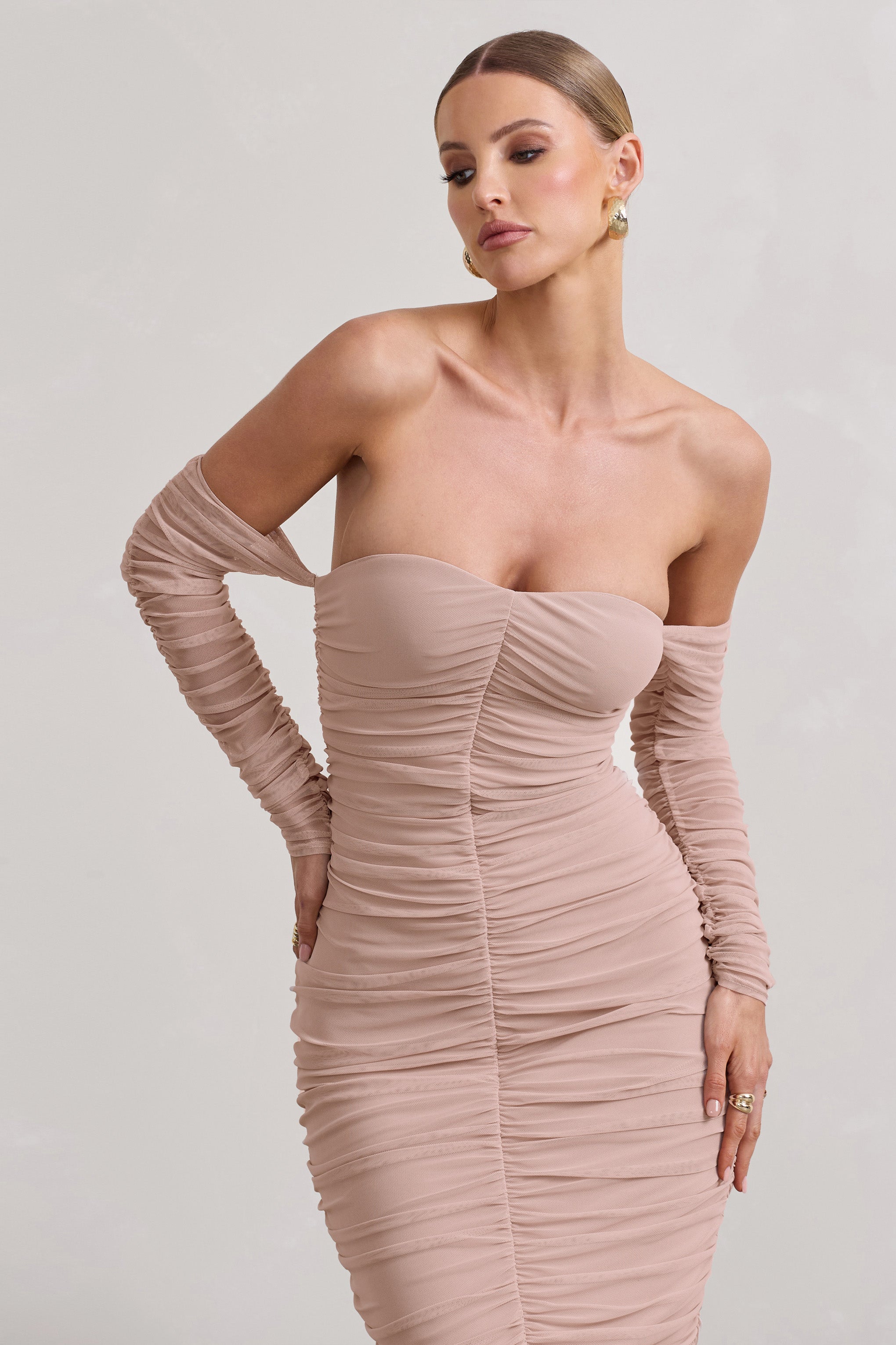 Indy Champagne Ruched Strapless Long-Sleeve Midi Dress