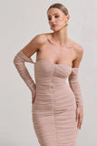 Indy Champagne Ruched Strapless Long-Sleeve Midi Dress