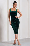 Cora Bottle Green Velvet Square Neck Bodycon Midi Dress
