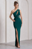 Emmy Bottle Green One Shoulder Cut-Out Split Maxi Dress