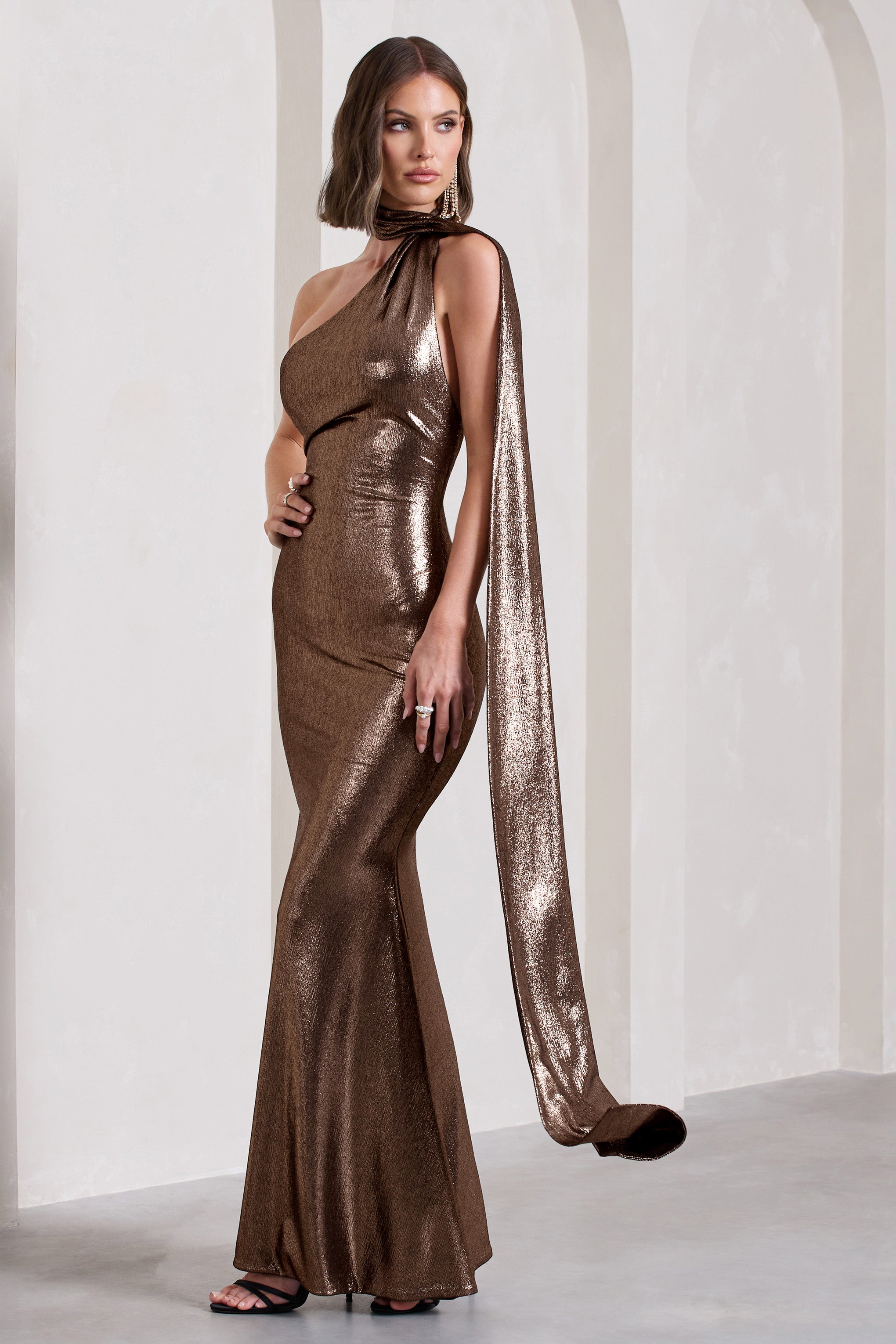 Strike Gold Bronze Metallic One Shoulder Low-Back Maxi Dress With Scarf