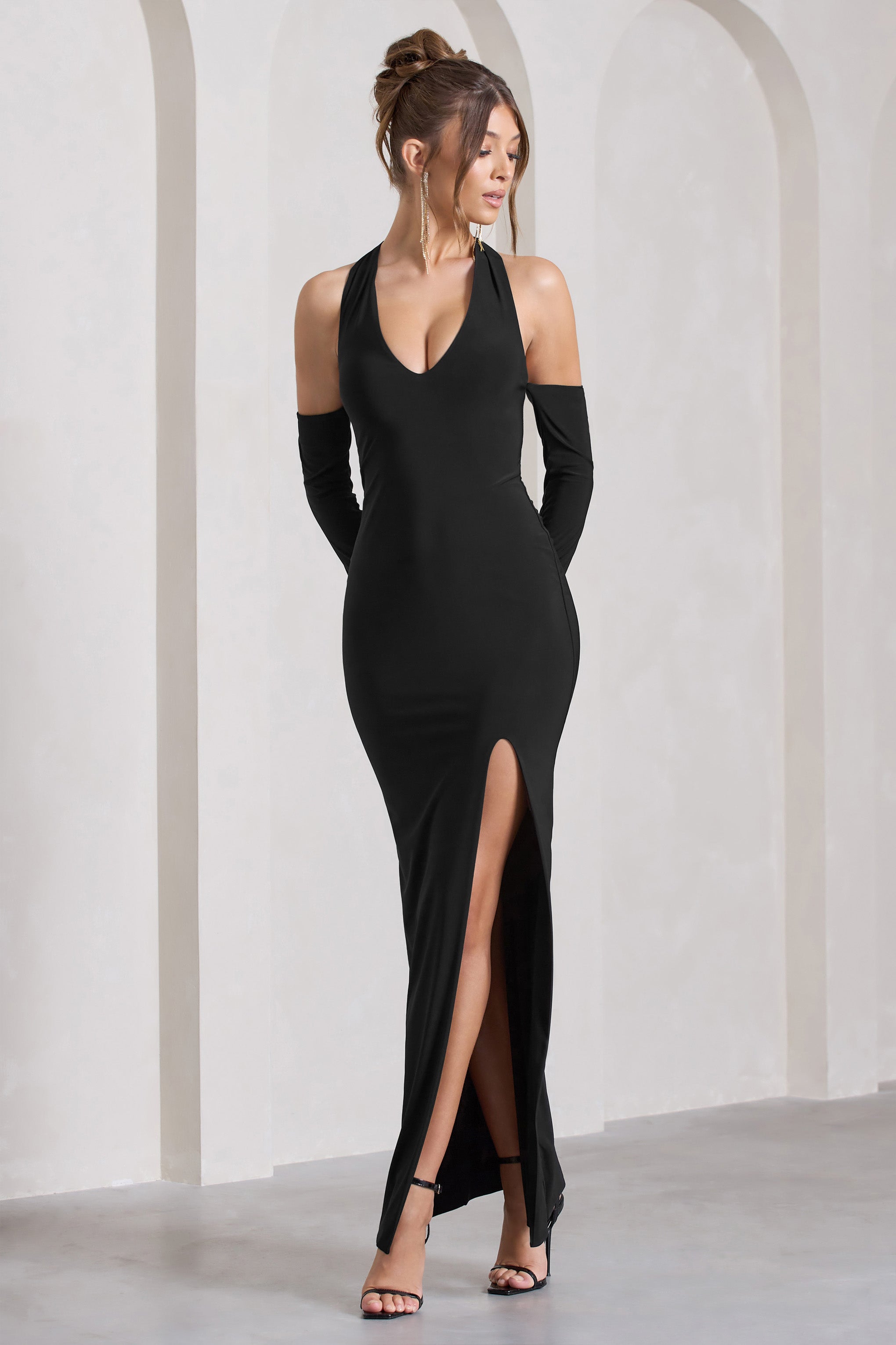 Solana Black Halter-Neck Long-Sleeve Split Maxi Dress