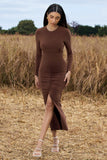 Katy Chocolate Ruched Long-Sleeve Split Maxi Dress