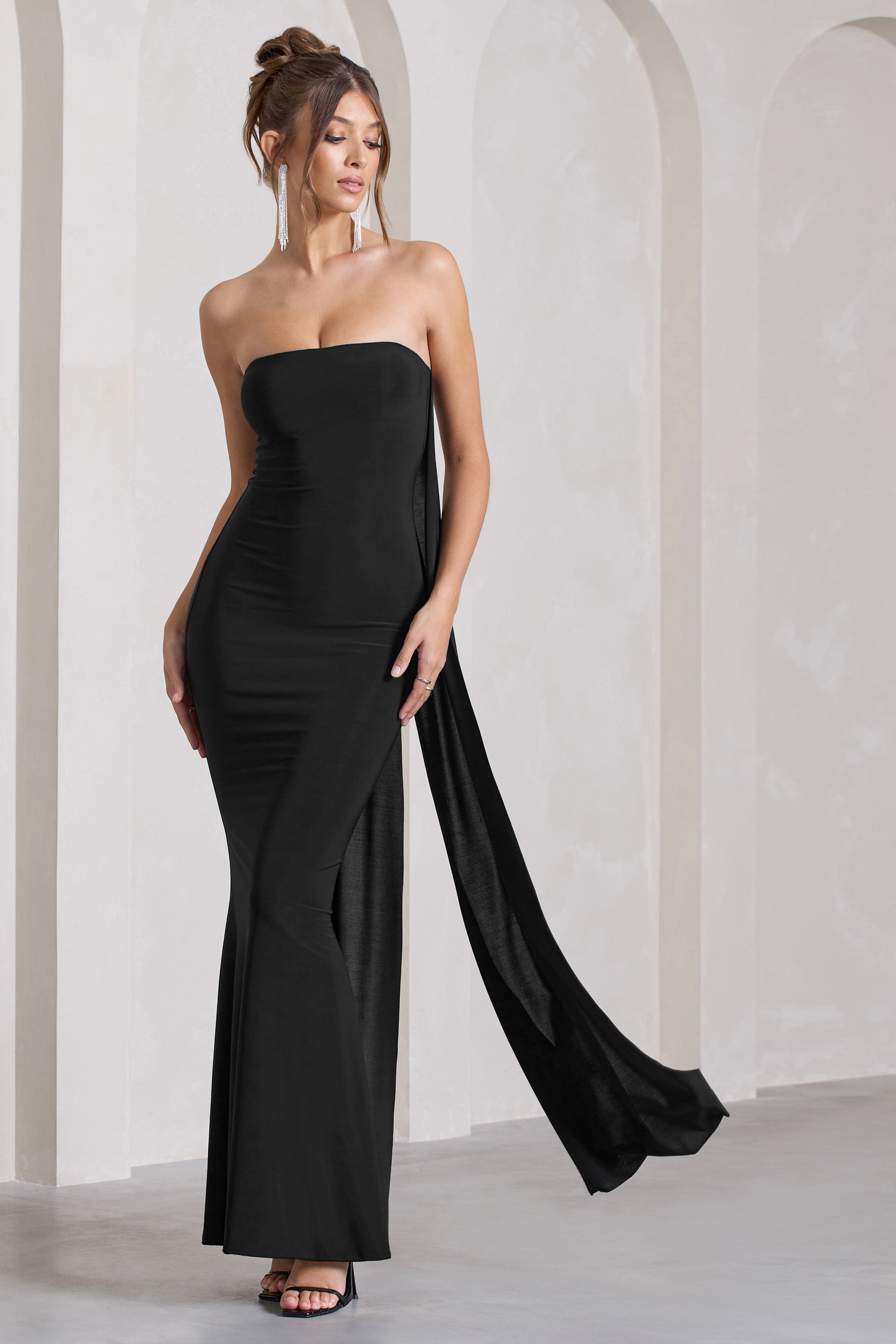 Christina Black Bandeau Sleeveless Maxi Dress With Cape