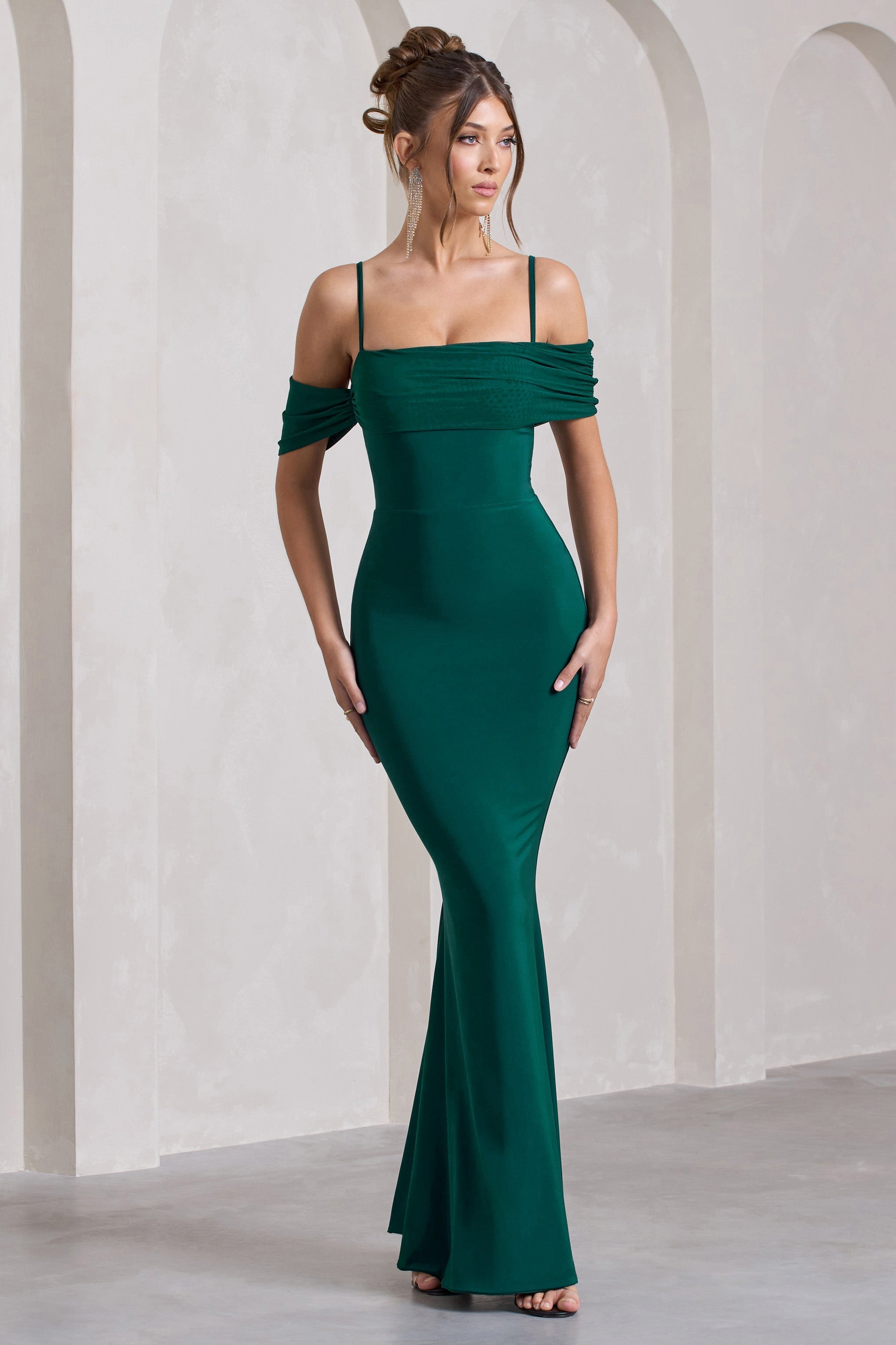 Miracle Bottle Green Strappy Mesh Bardot Maxi Dress