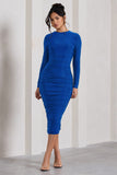 Emilie Royal Blue Ruched Long-Sleeve Midi Dress