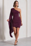Palmer Burgundy Ruched One-Shoulder Asymmetric Mini Dress With Cape Sleeve