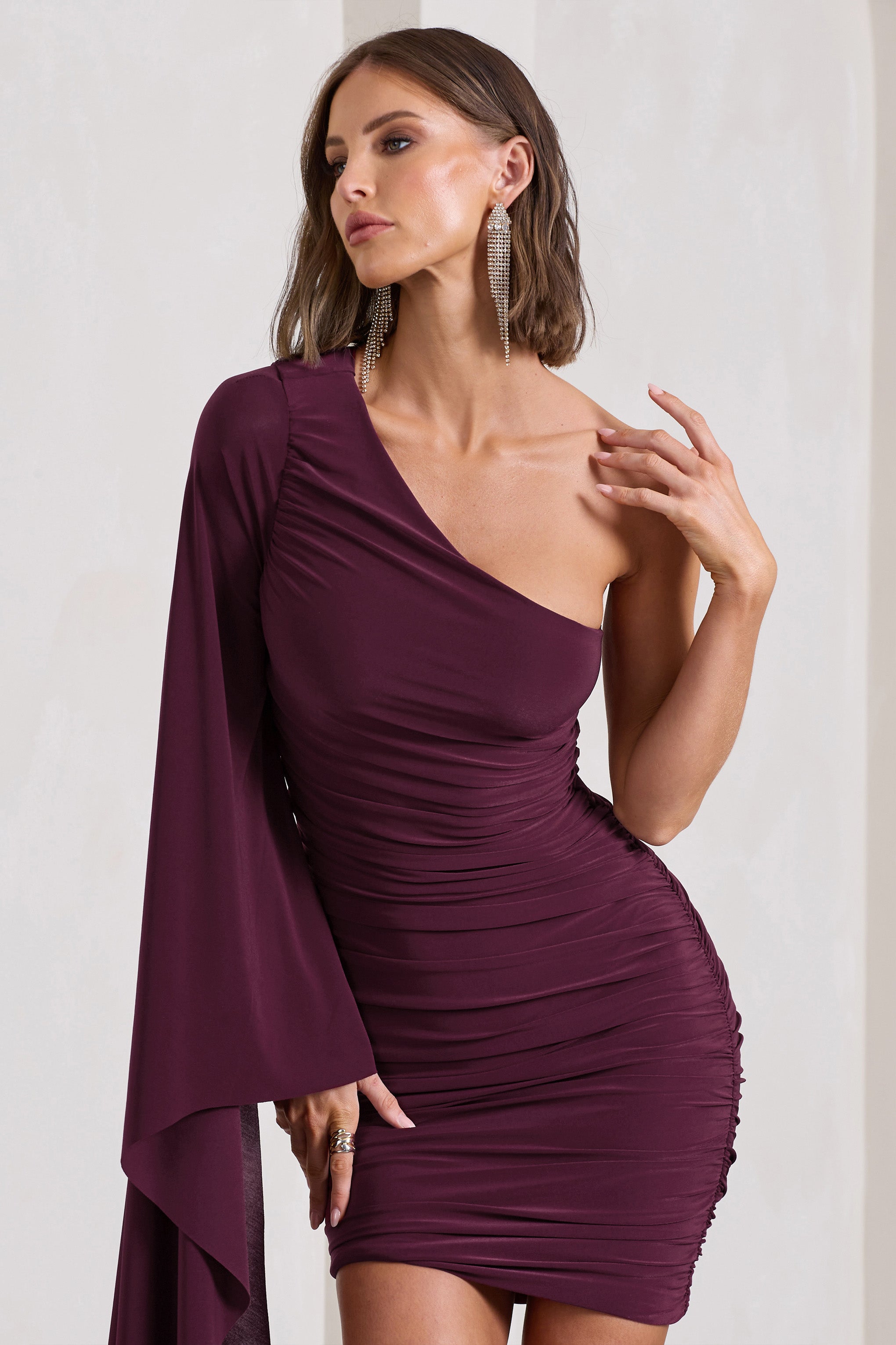 Palmer Burgundy Ruched One-Shoulder Asymmetric Mini Dress With Cape Sleeve