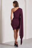 Palmer Burgundy Ruched One-Shoulder Asymmetric Mini Dress With Cape Sleeve