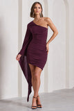 Palmer Burgundy Ruched One-Shoulder Asymmetric Mini Dress With Cape Sleeve