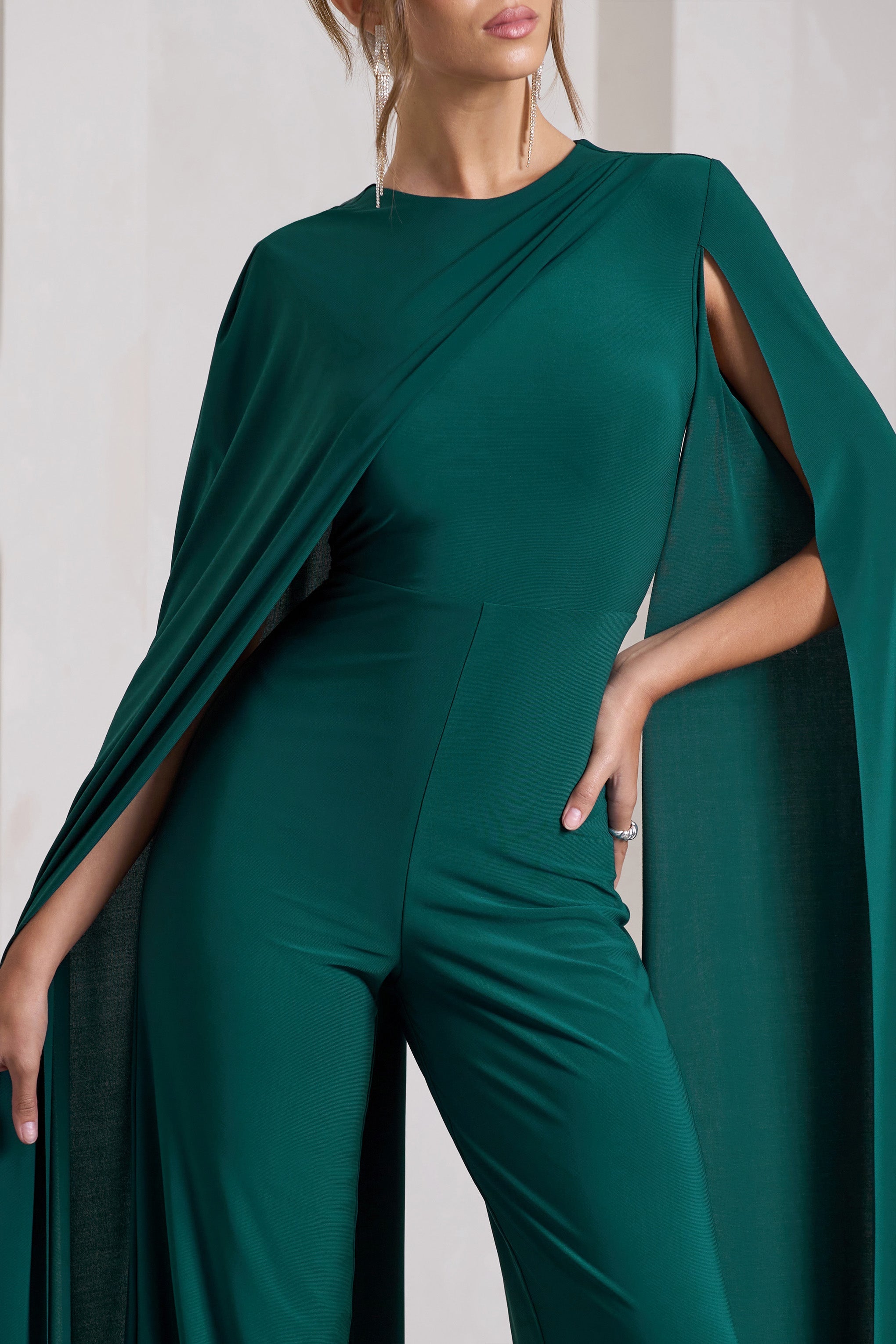 Harley Bottle Green Straight-Leg Jumpsuit With Cape Sleeves