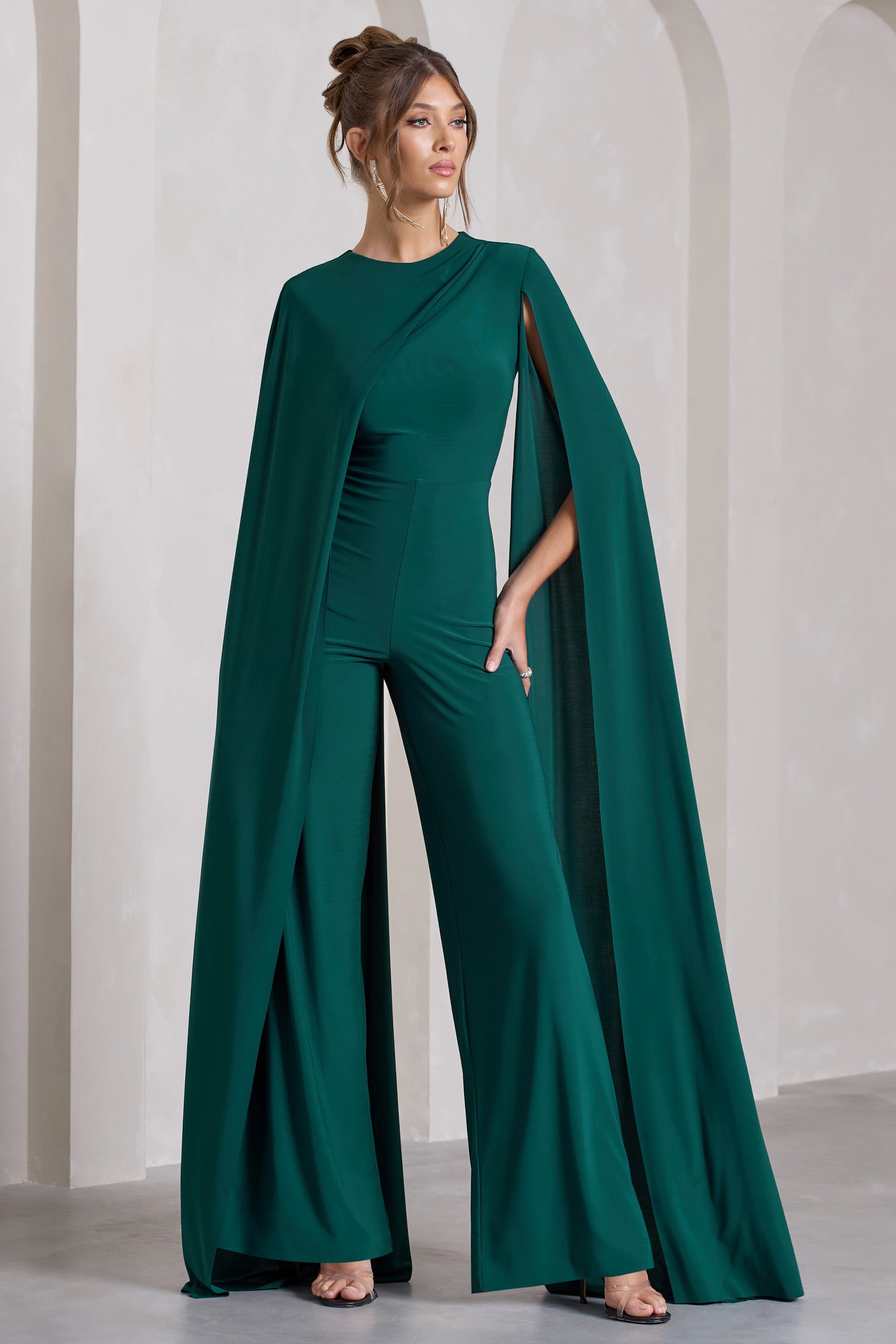 Harley Bottle Green Straight-Leg Jumpsuit With Cape Sleeves