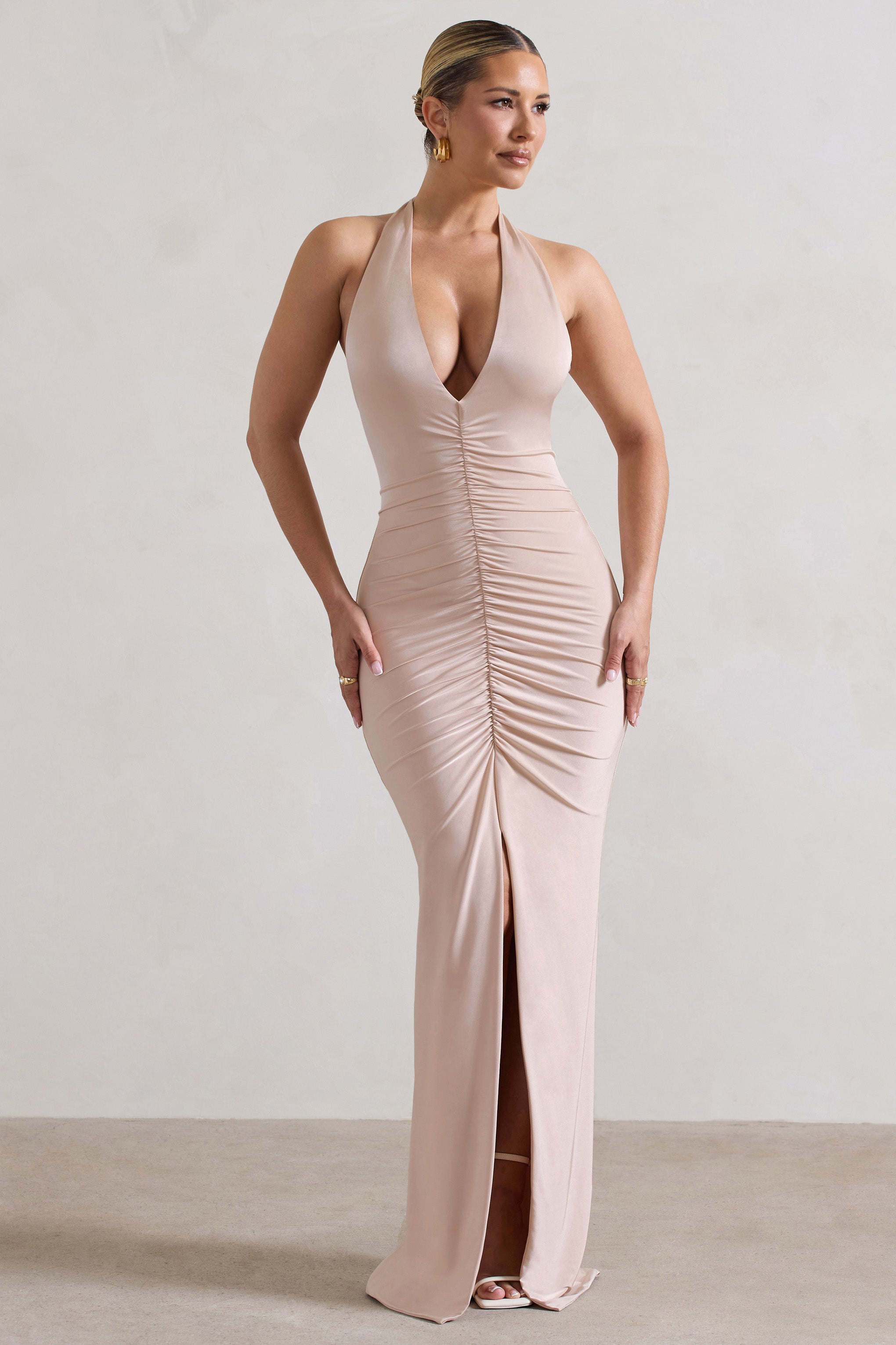 Rachel Champagne Ruched Halter-Neck Split Maxi Dress