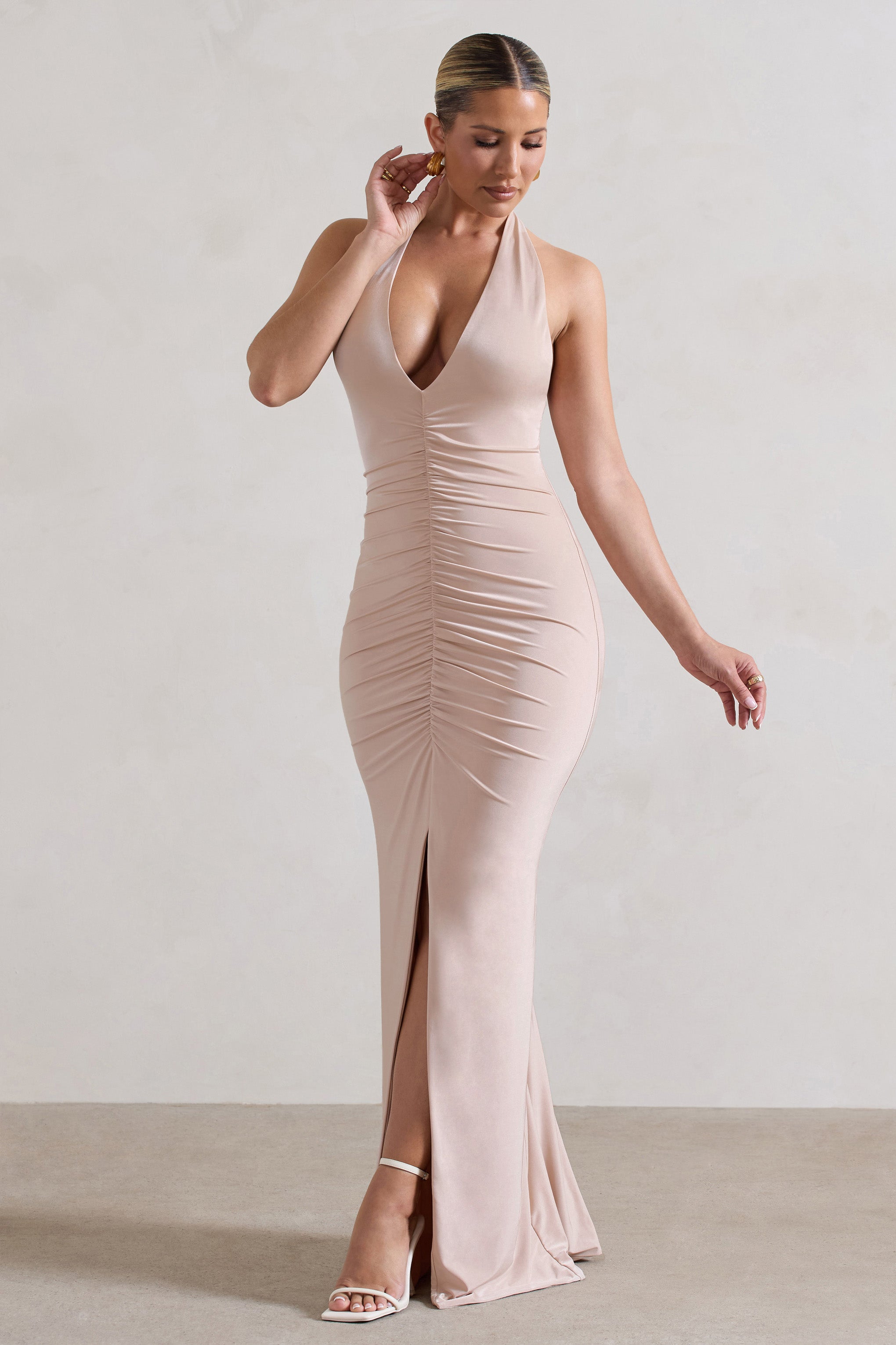 Rachel Champagne Ruched Halter-Neck Split Maxi Dress