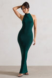 Larisa Bottle Green Cowl Halter-Neck Maxi Dress With Back Detail