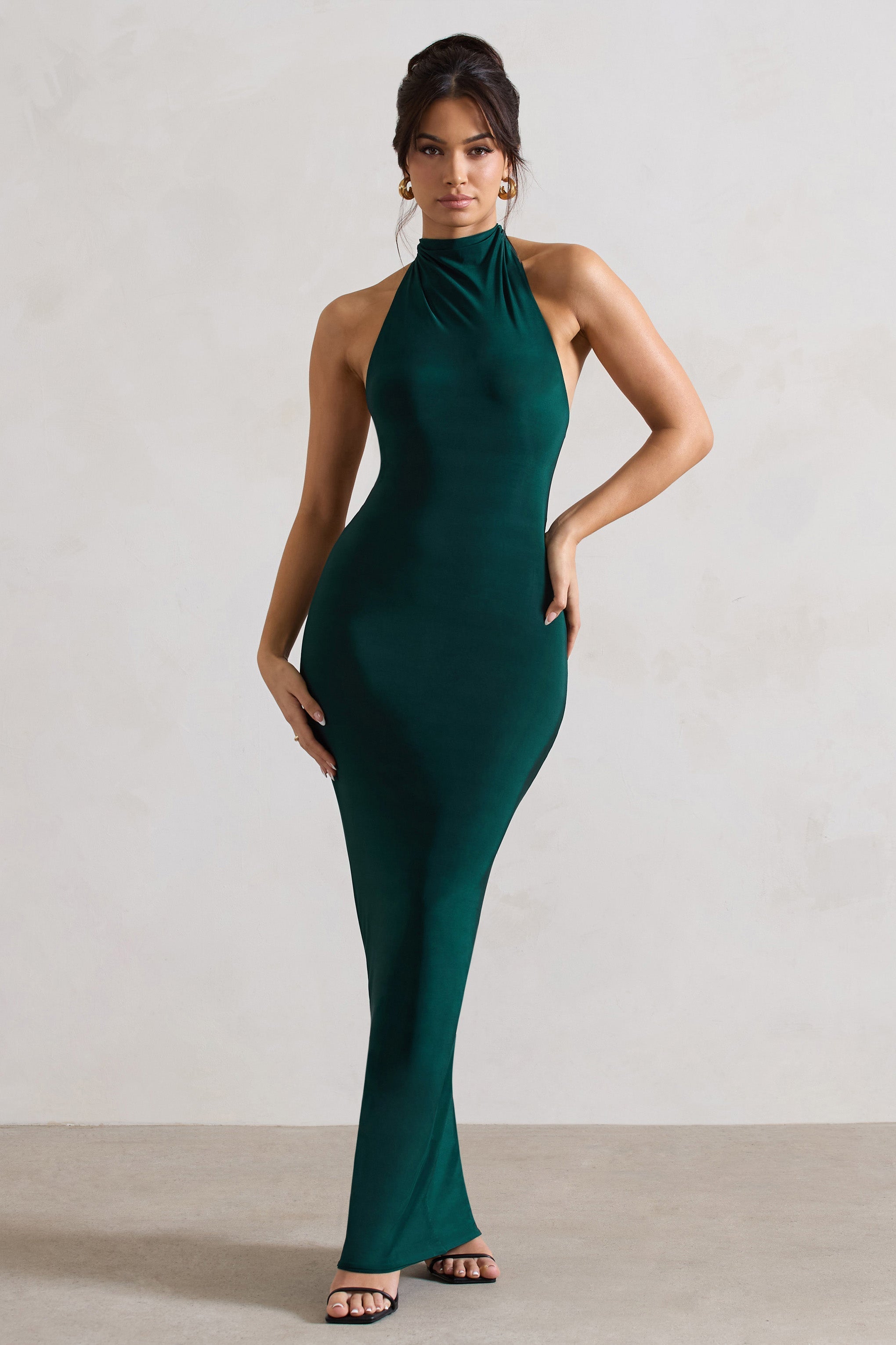Larisa Bottle Green Cowl Halter-Neck Maxi Dress With Back Detail