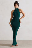 Larisa Bottle Green Cowl Halter-Neck Maxi Dress With Back Detail