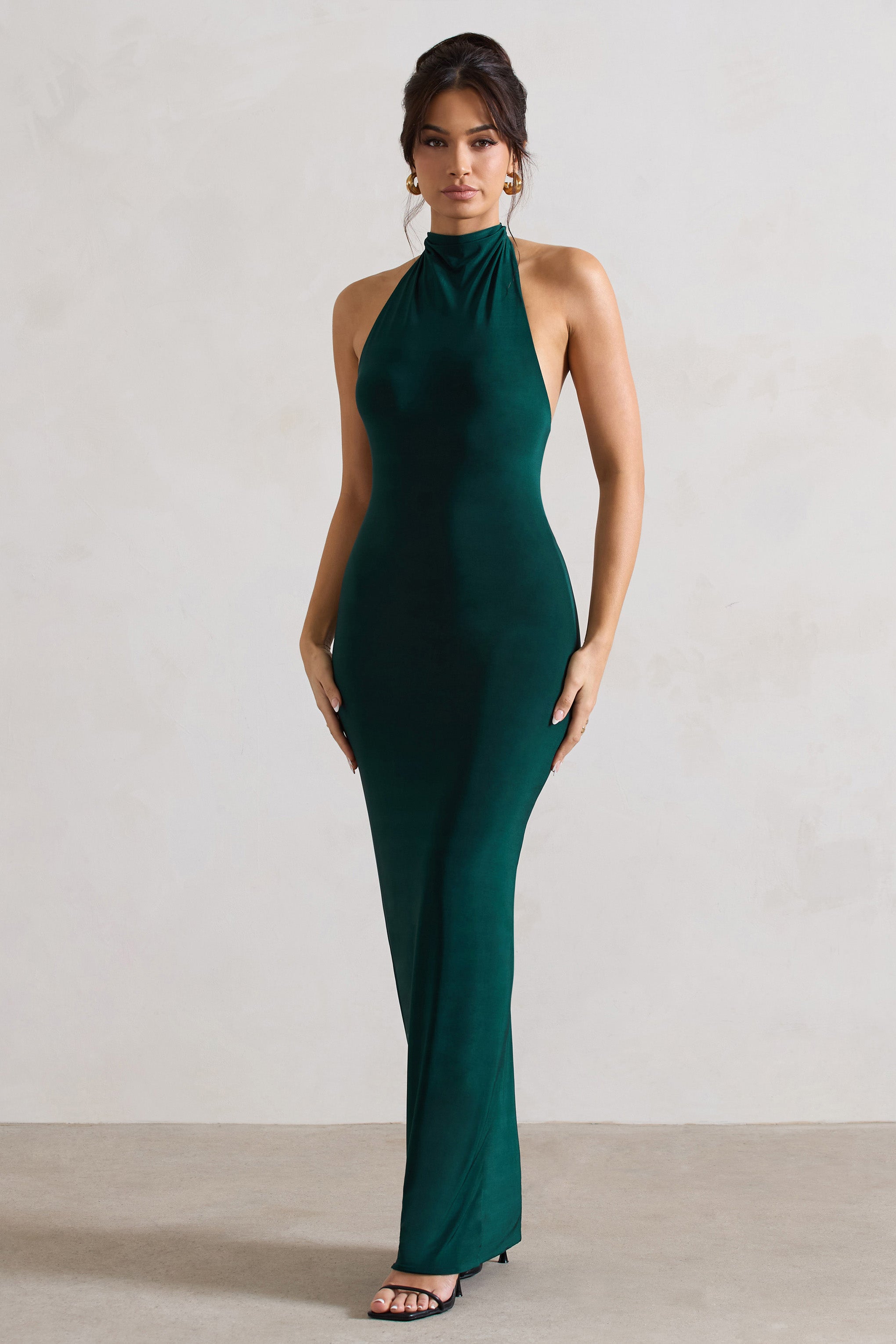 Larisa Bottle Green Cowl Halter-Neck Maxi Dress With Back Detail