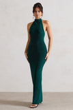 Larisa Bottle Green Cowl Halter-Neck Maxi Dress With Back Detail