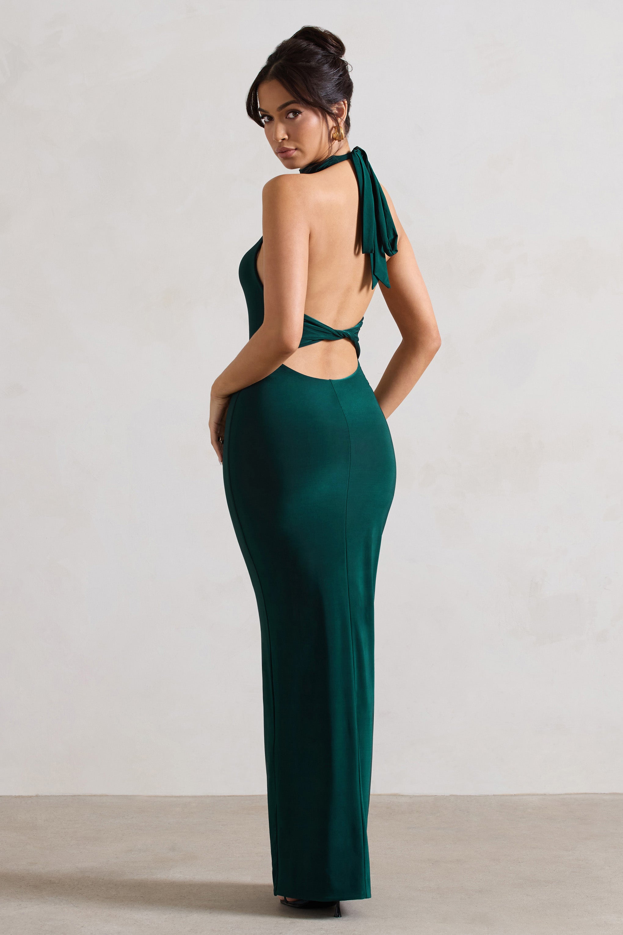 Larisa Bottle Green Cowl Halter-Neck Maxi Dress With Back Detail