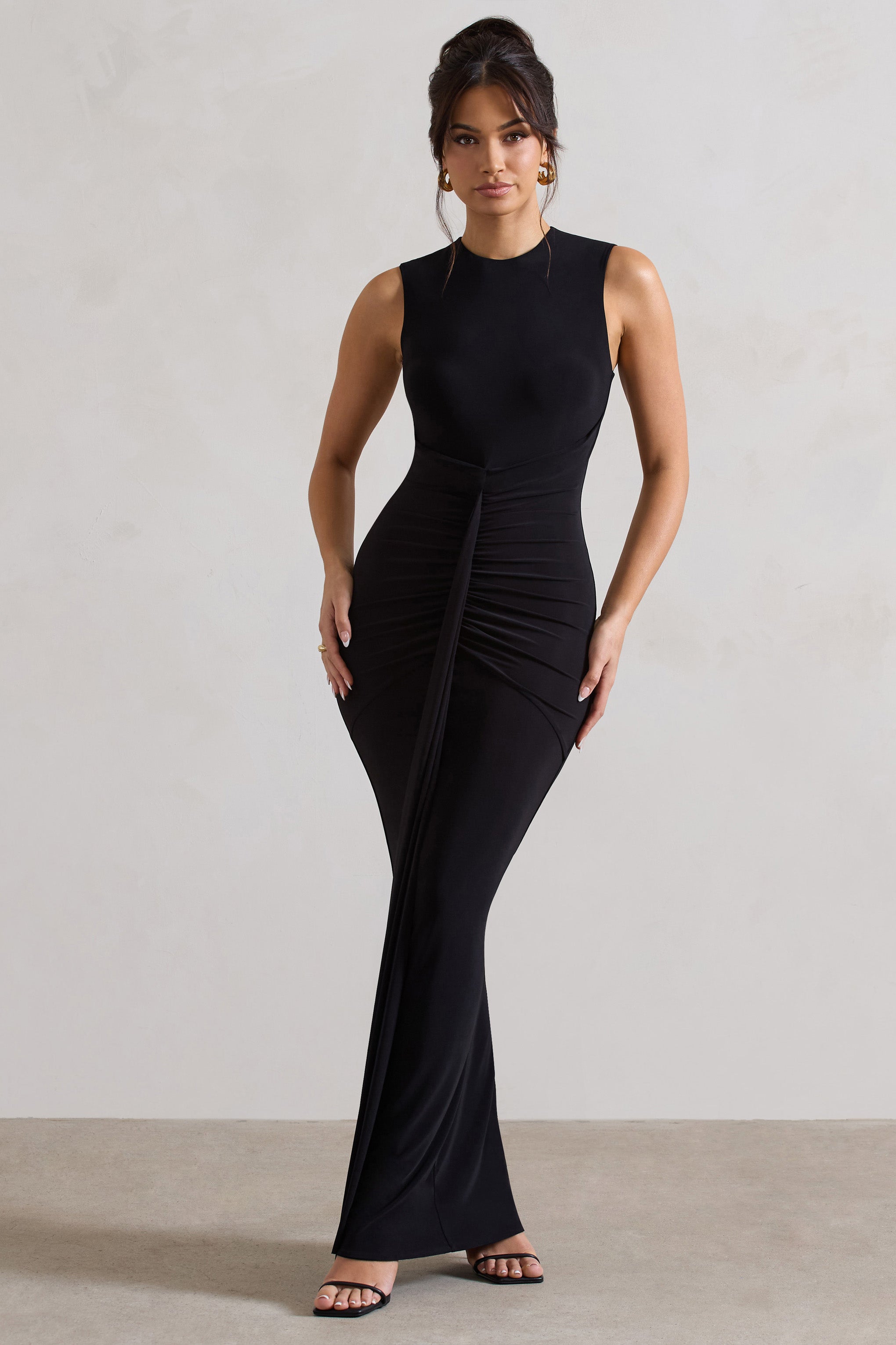 Alexa Black High-Neck Gathered Maxi Dress With Drape