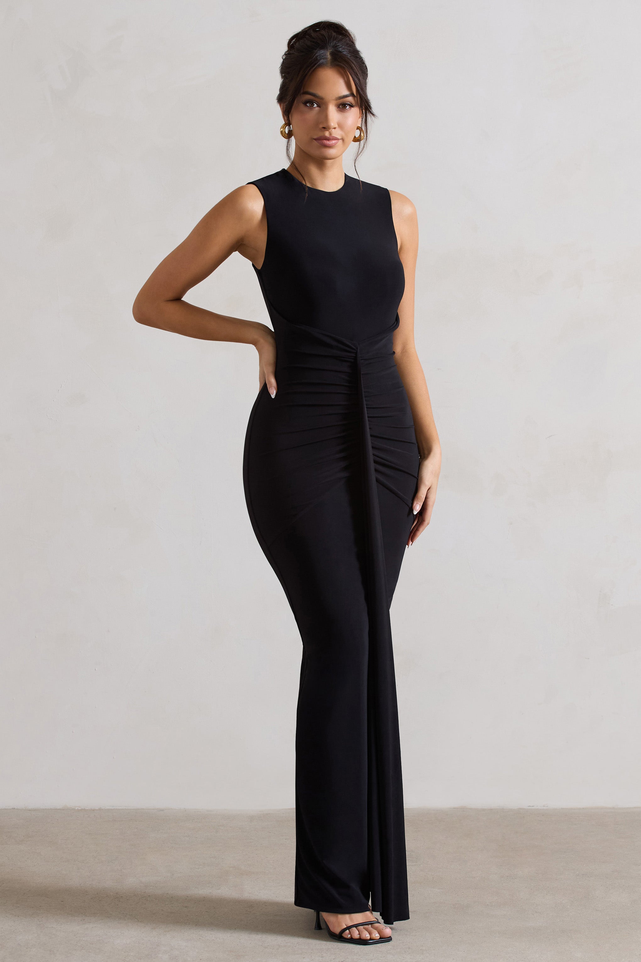 Alexa Black High-Neck Gathered Maxi Dress With Drape