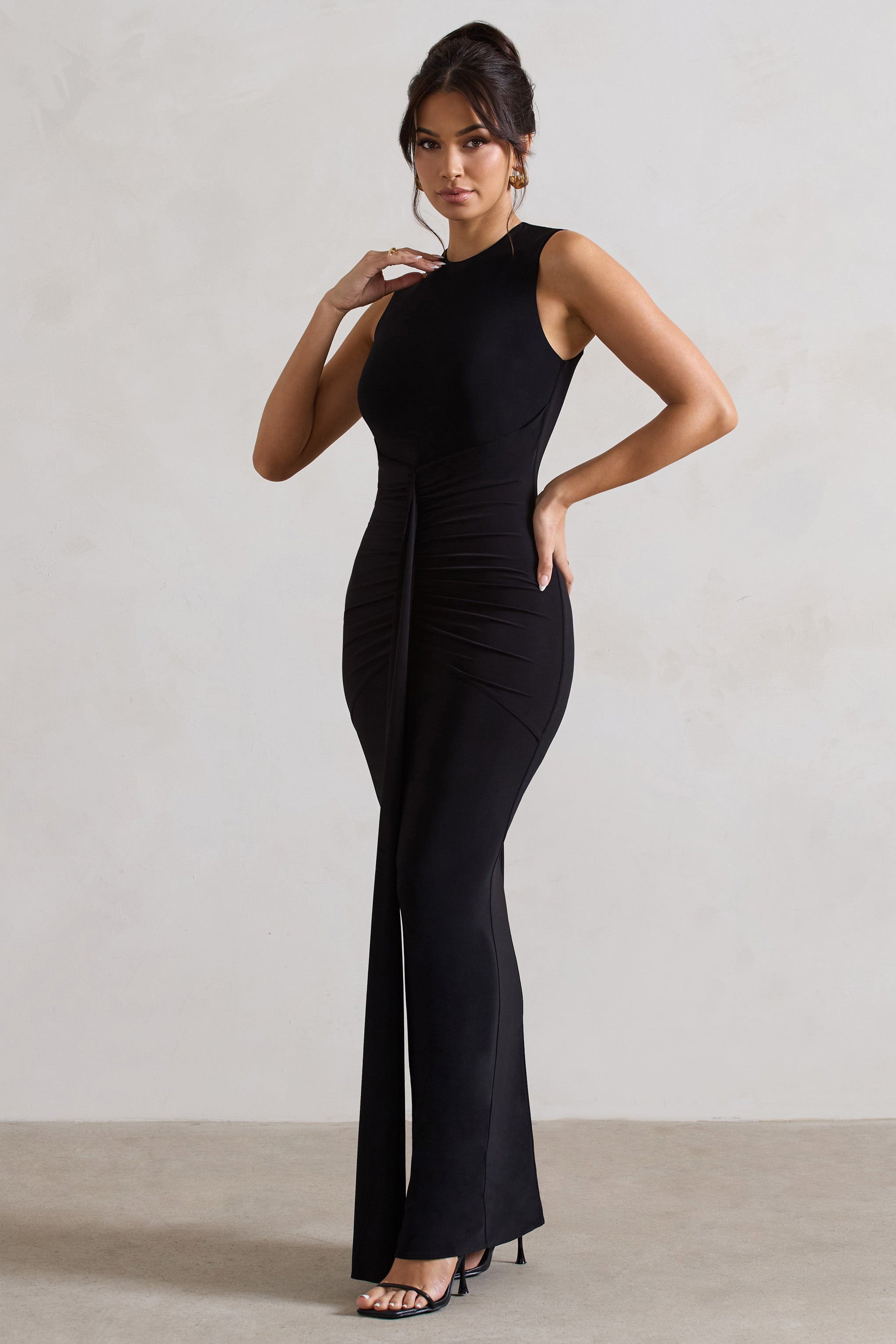 Alexa Black High-Neck Gathered Maxi Dress With Drape