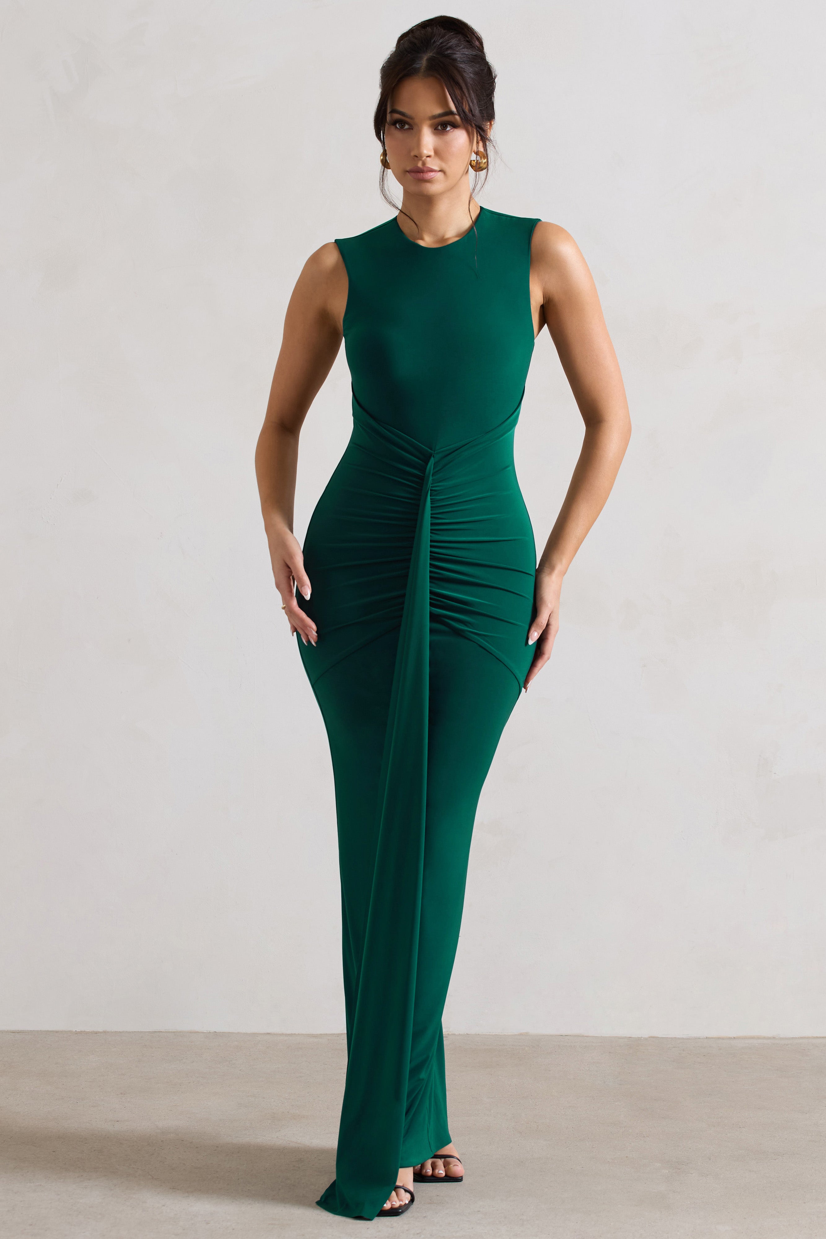 Alexa Bottle Green High-Neck Gathered Maxi Dress With Drape