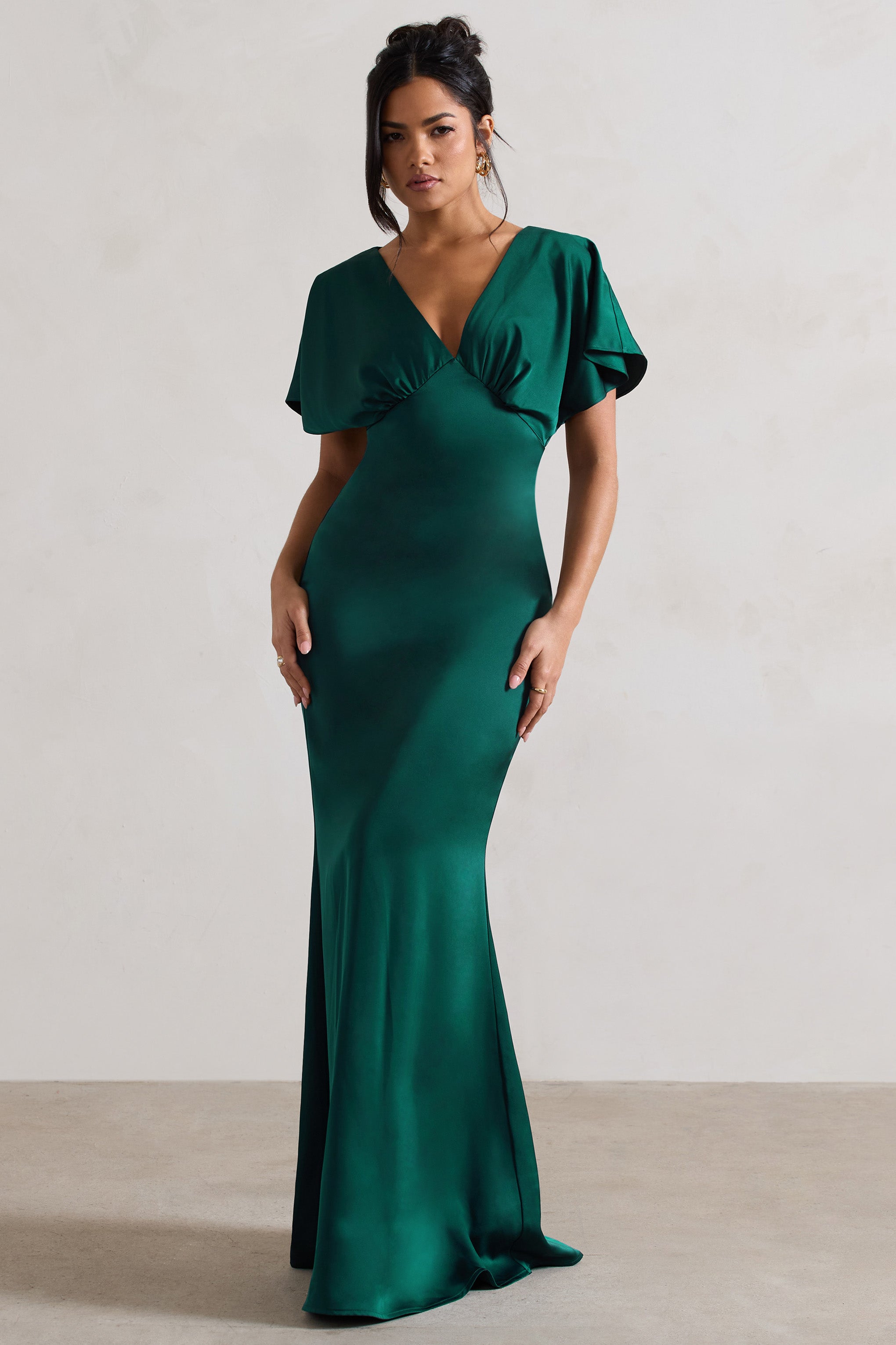 Marisa Dark Green Satin V-Neck Flutter-Sleeve Maxi Dress