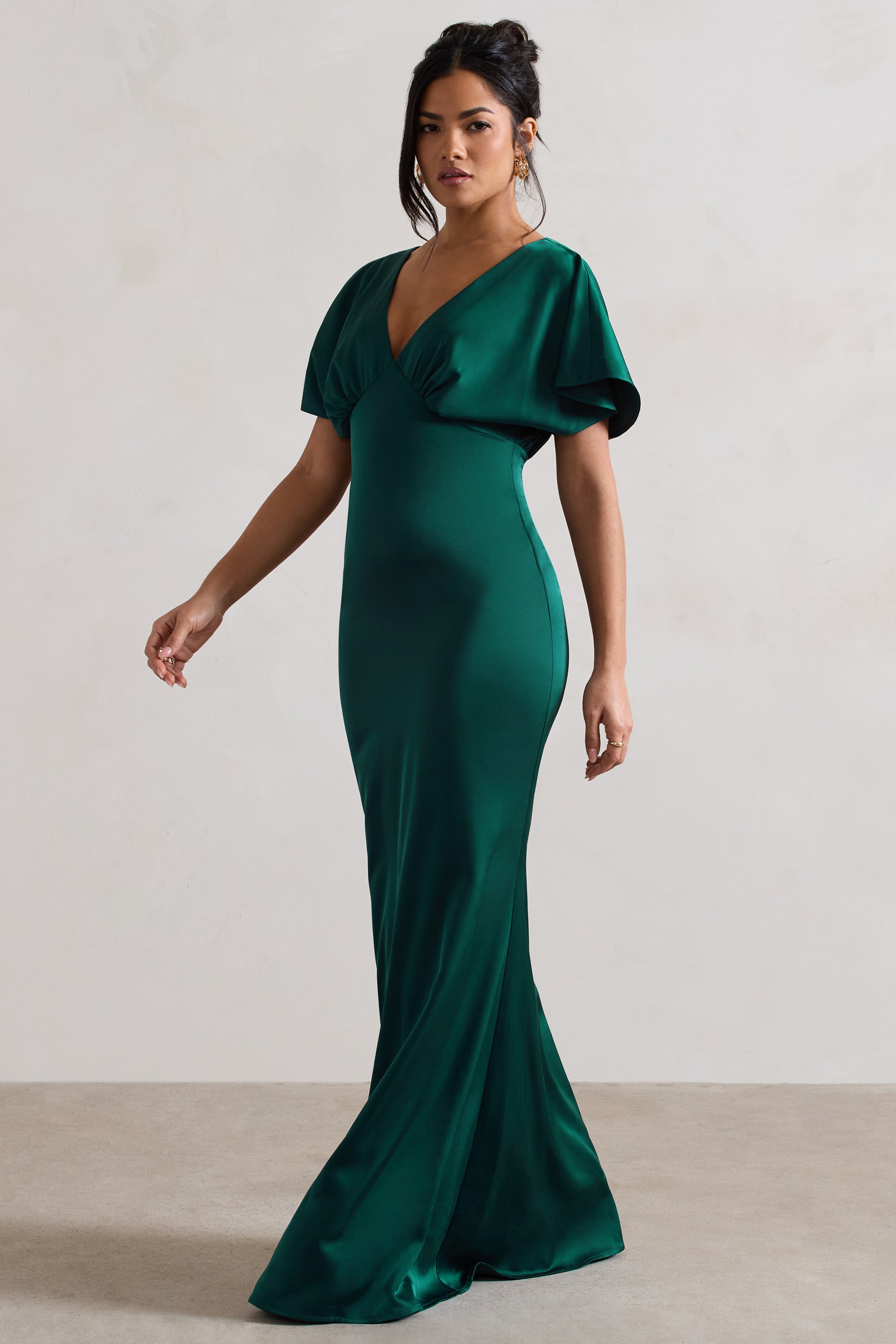 Marisa Dark Green Satin V-Neck Flutter-Sleeve Maxi Dress