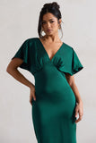 Marisa Dark Green Satin V-Neck Flutter-Sleeve Maxi Dress