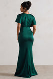 Marisa Dark Green Satin V-Neck Flutter-Sleeve Maxi Dress