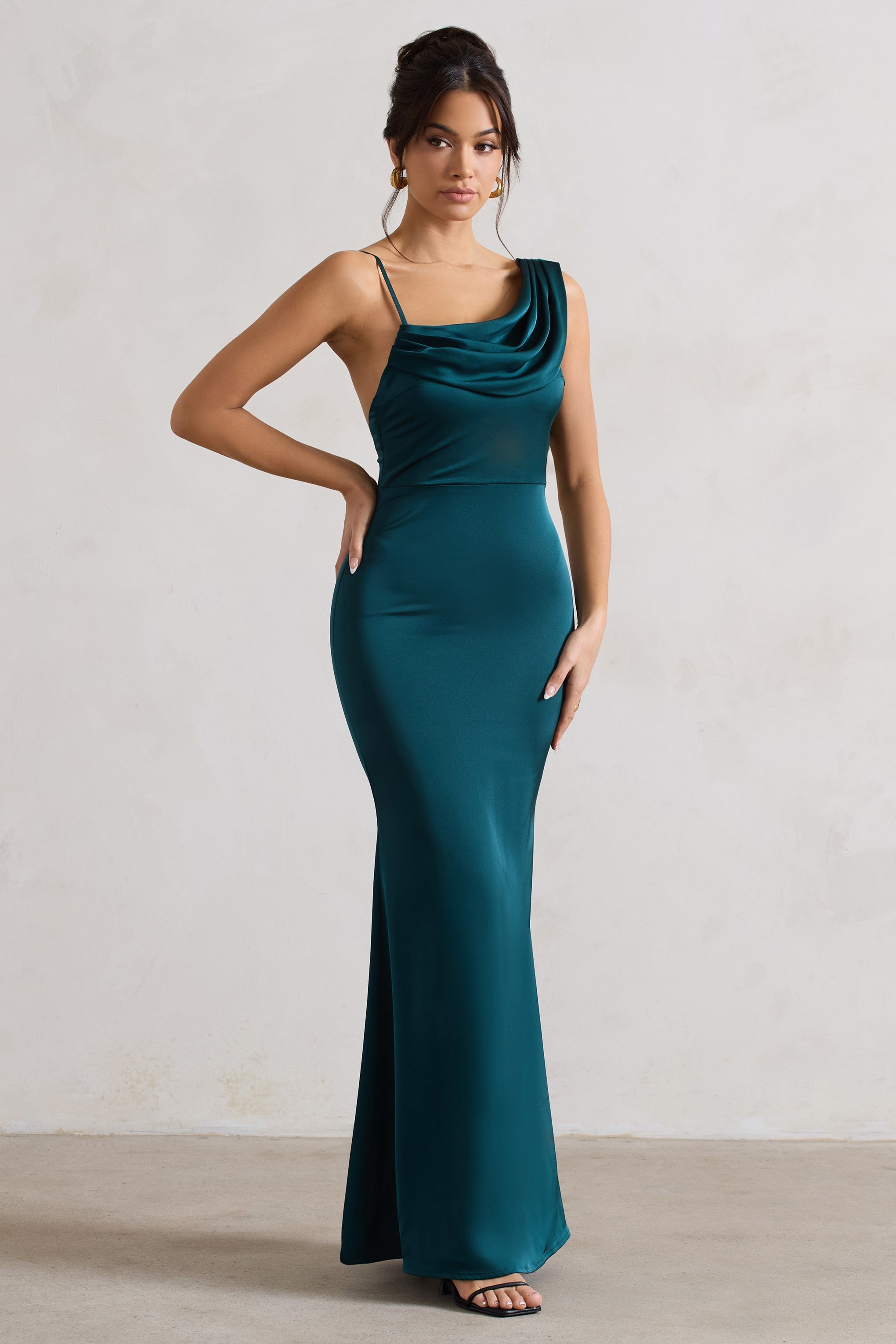 Wistful Dark Green Satin Asymmetric Cowl-Neck Maxi Dress