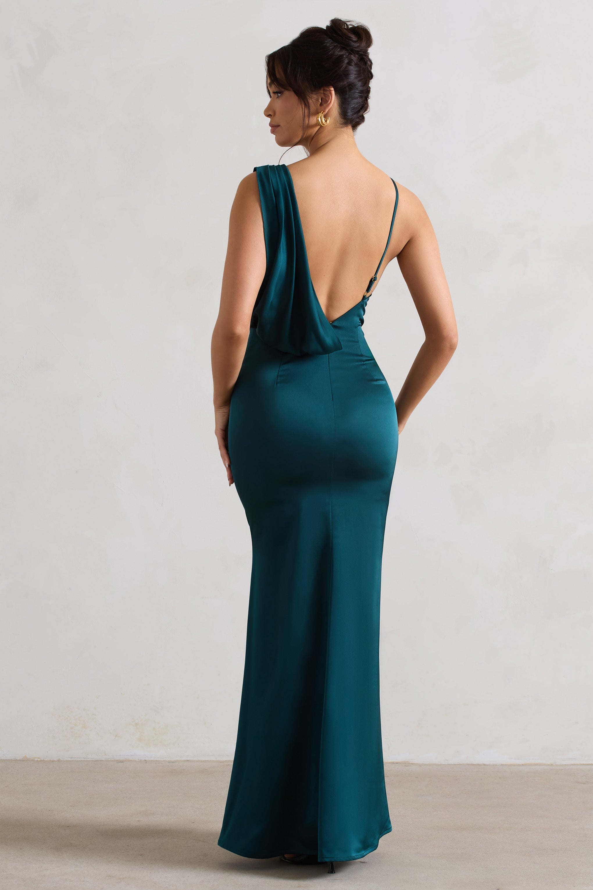 Wistful Dark Green Satin Asymmetric Cowl-Neck Maxi Dress