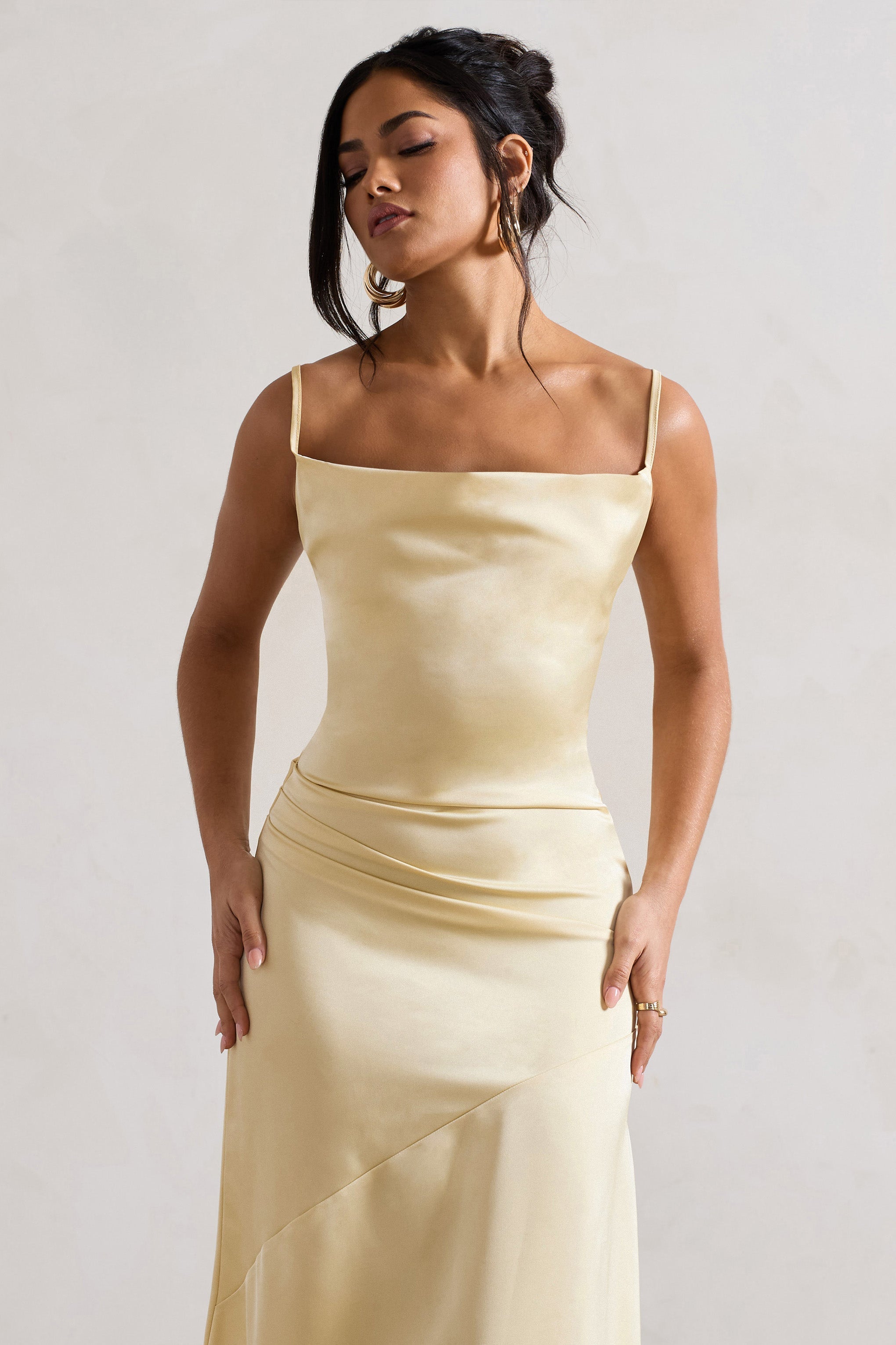 Santi Lemon Satin Cowl-Neck Asymmetric Maxi Dress
