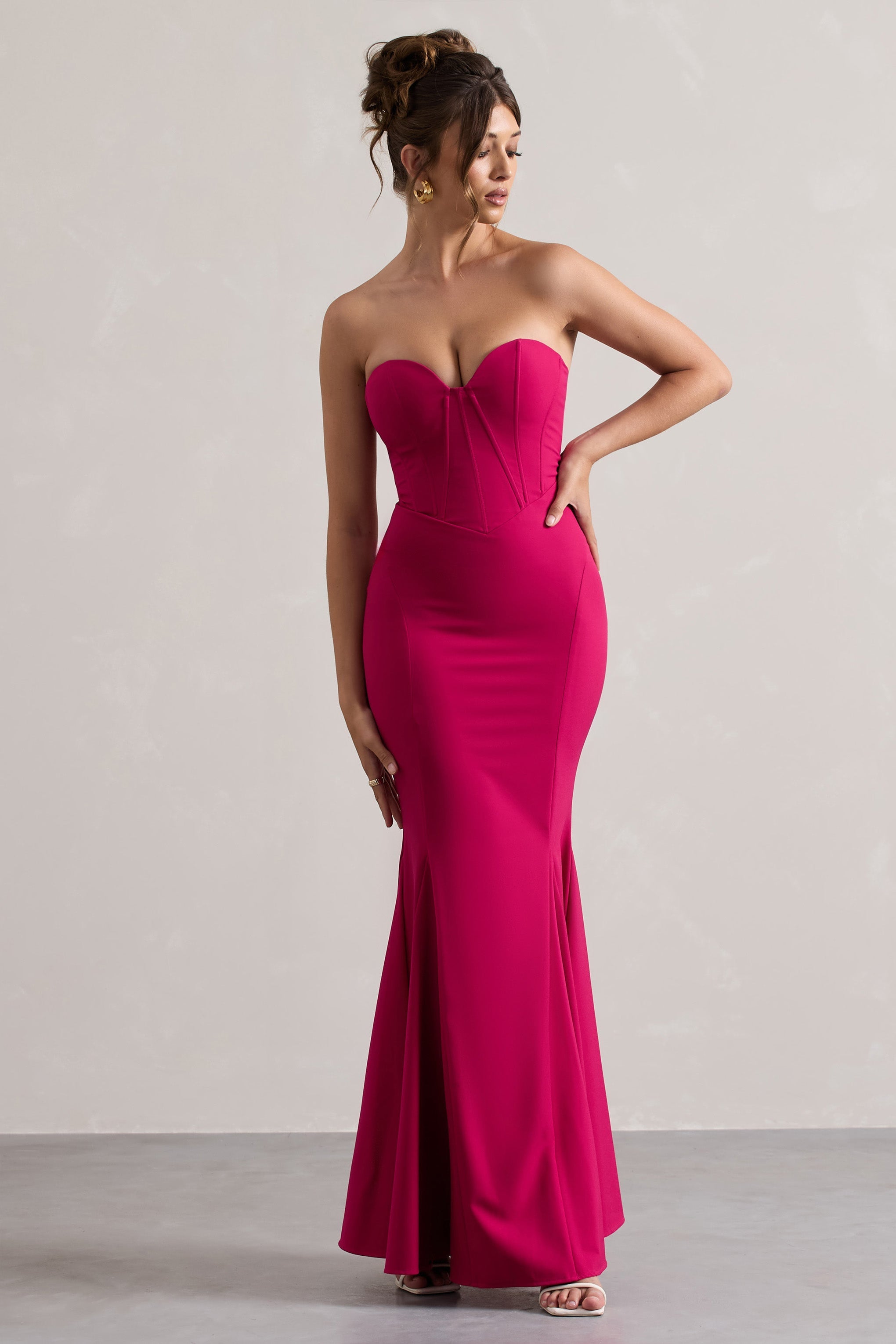 Idyllic Hot Pink Strapless Corset Style Fishtail Maxi Dress