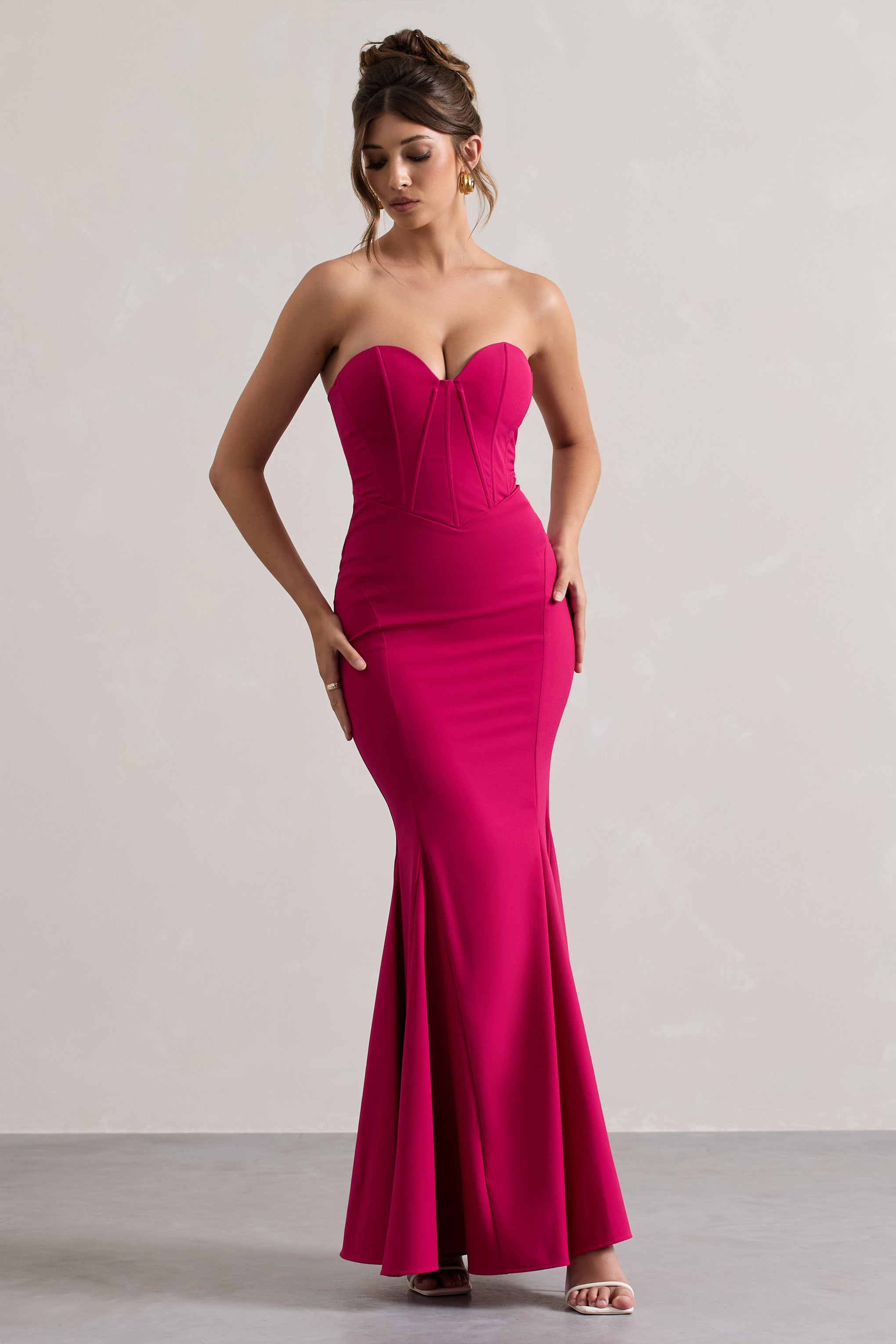 Idyllic Hot Pink Strapless Corset Style Fishtail Maxi Dress